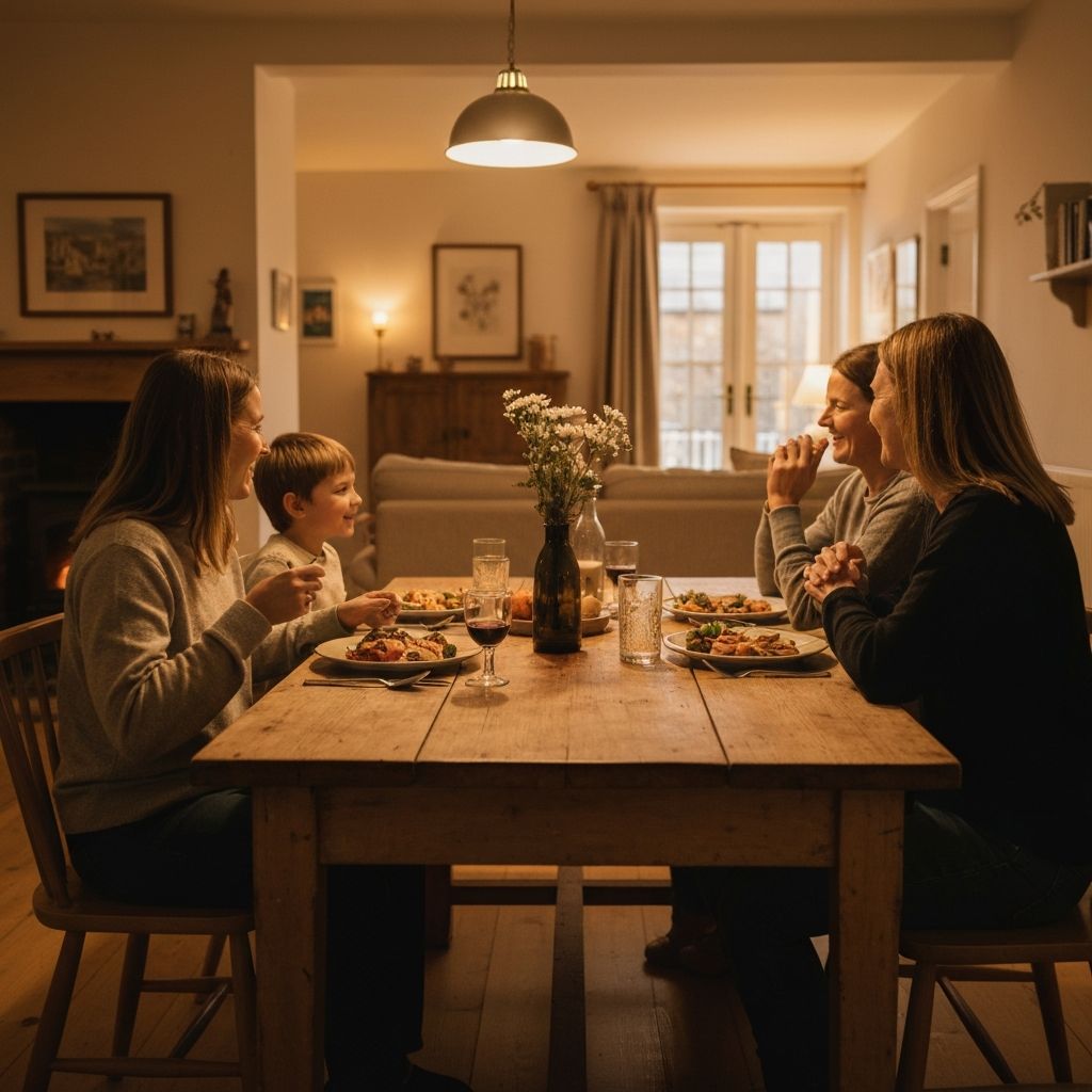 Warm family dinner scene at home with shared meal on wooden dining table, soft evening lighting, cosy UK home interior